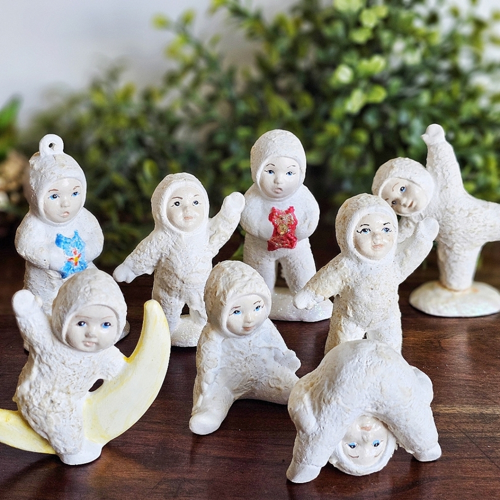 Rare Original Vintage Glitter Snow Babies Ornament Figures Set of 8